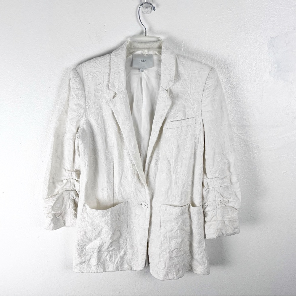 JOIE 100% Linen White Embroidered Ruched Sleeves Lined Pockets Blazer Jacket 6